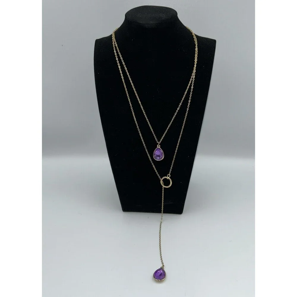Vintage Lariat Gold-tone Necklace with Purple Gemstone Pendants - Adjust 18-22